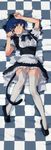  absurdres animal_ears ano_natsu_de_matteru apron blue_eyes blue_hair cat_ears cat_tail checkered checkered_background dakimakura fake_animal_ears full_body hairband highres long_legs lying maid on_back panties pantyshot pantyshot_(lying) paw_pose scan short_hair solo tail tanigawa_kanna thighhighs underwear uon_taraku upskirt white_legwear white_panties 