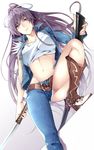  asymmetrical_clothes bad_source belt black_hair boots breasts denim fringe_trim hair_ribbon jeans kanzaki_kaori katana knee_boots long_hair medium_breasts midriff nanao_(mahaya) navel pants parted_lips purple_eyes ribbon sheath single_pantsleg solo sword to_aru_majutsu_no_index unsheathed very_long_hair weapon wide_ponytail 