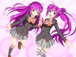  blue_eyes brown_eyes futaki_kanata hair_bobbles hair_ornament highres little_busters! long_hair multiple_girls plaid plaid_skirt purple_hair saigusa_haruka school_uniform side_ponytail skirt striped striped_legwear thighhighs whitewill 