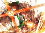  arm_cannon bad_id bad_pixiv_id bow brown_hair cape glowing glowing_eye hair_bow highres itsutsuki long_hair open_mouth red_eyes reiuji_utsuho skirt solo tears touhou weapon wings 