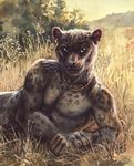  biceps black_leopard blotch body_markings detailed_background feline fur leopard looking_at_viewer lying male mammal markings muscles necklace nude on_side panther pecs pose solo spots whiskers yellow_eyes 