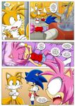  anthro bed blush canine eyes_closed fox fox_tail hedgehog mammal miles_prower mobius_unleashed multiple_tails sega sonic_(series) sonic_the_hedgehog tails text 