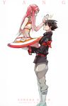  1boy 1girl anemone_(eureka_seven) artist_name bandana black_hair boots carrying character_name chop collar copyright_name couple dominic_sorel eureka_seven eureka_seven_(series) gloves hair_ornament hairclip hetero long_hair pink_hair purple_eyes uniform yang_niangniang 