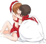  2girls blush bra breasts brown_eyes brown_hair christmas eyes_closed girls_und_panzer hat hug incest kiss medium_breasts midriff multiple_girls mutsu_(layergreen) nishizumi_maho nishizumi_miho red_bra sack santa_hat short_hair siblings simple_background sisters skirt underwear white_background yuri 