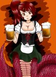  alternate_hairstyle apron barmaid beer_mug breasts cleavage corset cup dirndl german_clothes hair_ornament hairclip holding holding_cup lamia large_breasts long_hair miia_(monster_musume) monster_girl monster_musume_no_iru_nichijou neko_leonart oktoberfest pointy_ears red_eyes red_hair scales side_ponytail skirt slit_pupils solo underbust 