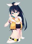  belt beyond_the_vibes black_hair blue_eyes bracelet cellphone earrings ganaha_hibiki grey_background highres idolmaster idolmaster_(classic) iketsuko jewelry long_hair midriff navel phone ponytail smile solo upper_body 