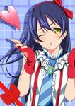  ;o blue_hair bokura_wa_ima_no_naka_de brown_eyes gloves highres idol long_hair love_live! love_live!_school_idol_project md5_mismatch necktie nishiuri_warito one_eye_closed open_mouth plaid plaid_background solo sonoda_umi 