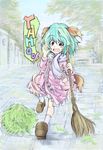  animal_ears bamboo_broom broom dress fang green_eyes green_hair kasodani_kyouko long_sleeves open_mouth scarf short_hair solo tail temple touhou x172xqqq 