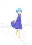  barefoot blue_dress blue_eyes blue_hair blush cirno dress frilled_dress frills full_body ice no_hair_bow puffy_short_sleeves puffy_sleeves rukah short_hair short_sleeves smile solo spot_color touhou walking_on_ice 
