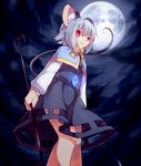  animal_ears bow capelet dowsing_rod dress full_moon gem glowing grey_dress grey_hair jewelry kozakura_(dictionary) looking_at_viewer moon mouse_ears mouse_tail nazrin neckerchief night pendant pink_eyes short_hair sky solo tail touhou upskirt 
