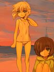  am_isuel beach crook_morphus hair_over_one_eye hood hoodie jacket multiple_girls non-web_source orion_(orionproject) rance_(series) rance_quest rance_quest_magnum sunset swimsuit 