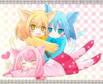  animal_ears ao_(butterfly_cat) bad_id bad_pixiv_id blonde_hair blue_eyes blue_hair blush bow butterfly_cat cat_ears cat_tail closed_eyes hair_ribbon heart hina_(butterfly_cat) looking_at_viewer momo_(butterfly_cat) multiple_girls noe pink_hair ribbon skirt smile sound_voltex tail yellow_eyes 