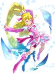  aida_mana arms_up big_hair blonde_hair blush boots bow choker closed_eyes cure_heart curly_hair dokidoki!_precure hair_ornament half_updo heart kaineri knee_boots long_hair magical_girl pink_bow pink_footwear pink_sleeves ponytail precure skirt smile solo 