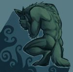  abstract_background airu back black_fur canine claws cool_colors crouching digitigrade facepalm fur green_theme male mammal nude simple_background solo toe_claws toned wolf 