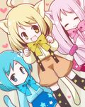  ahoge animal_ears ao_(butterfly_cat) bad_id bad_pixiv_id blonde_hair blue_eyes blue_hair bow butterfly_cat cat_ears cat_tail closed_eyes dutch_angle hina_(butterfly_cat) momo_(butterfly_cat) multiple_girls open_mouth pink_hair saitou_aki smile sound_voltex star tail yellow_eyes 