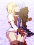  2girls bed blonde_hair breasts female fingering gloves hand_in_panties kiss large_breasts long_hair lying multiple_girls panties purple_hair pyrrha_alexandra raliugaxxx soul_calibur soulcalibur_v underwear viola_(soulcalibur) yuri 