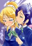  ayase_eli biting black_hair blazer blonde_hair blue_eyes blush bow bowtie breast_press breasts ear_biting green_bow green_eyes green_neckwear half-closed_eyes jacket long_sleeves love_live! love_live!_school_idol_project multiple_girls otonokizaka_school_uniform parted_lips pink_scrunchie ponytail school_uniform scrunchie sketch striped striped_bow striped_neckwear toujou_nozomi translation_request untying upper_body urutsu_sahari white_scrunchie yuri 