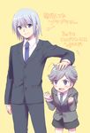  colorful_(movie) formal hand_on_another's_head highres looking_at_viewer male_focus multiple_boys necktie purapura simple_background suit translation_request usashiro_mani yellow_background 