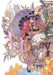  artist_name bare_shoulders belt black_panties blue_eyes breasts chain cleavage crystal detached_sleeves fountain griffin hat hat_feather hat_ornament large_breasts leaf long_hair olivia_(yh) original panties pillar pink_hair shoes smile solo statue sword underwear wavy_hair weapon wings 