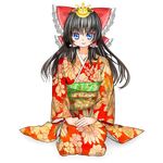  alternate_costume bad_id bad_pixiv_id black_hair blue_eyes bow floral_print hair_bow hair_tubes hakurei_reimu hands_on_lap hina_ningyou hinamatsuri japanese_clothes kimono long_hair obi saishi sakaki_(t_krkw_baseball) sash seiza sidelocks sitting smile solo tiara touhou transparent_background 