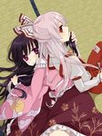  black_hair blush bow dress fujiwara_no_mokou hair_bow houraisan_kaguya long_hair multiple_girls pants purple_eyes red_eyes silver_hair suspenders touhou tsuno_no_hito very_long_hair white_hair 