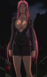  1girl areola_slip areolae breasts city dark_skin highres ingrid_(taimanin_asagi) large_breasts makai_kishi_ingrid night nipples no_bra pink_hair solo stitched 