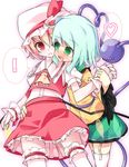  :d ;&lt; blonde_hair blush flandre_scarlet garter_straps green_eyes green_hair hat heart komeiji_koishi miniskirt multiple_girls one_eye_closed open_mouth red_eyes red_skirt shamo_(koumakantv) skirt skirt_set smile thighhighs third_eye touhou white_legwear wings wrist_cuffs zettai_ryouiki 