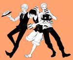  3boys boots color_background cup drinking earrings food formal haramaki hat hat_removed headwear_removed jewelry kuru_(kzyr) male male_focus monkey_d_luffy monochrome mug multiple_boys necktie one_piece pixiv_manga_sample reindeer roronoa_zoro sandals sanji smile stampede_string straw_hat suit tony_tony_chopper trio vest waistcoat x_(symbol) 