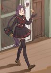  1girl absurdres bell black_gloves blood braid chikujouin_magane earrings gloves hair_bell hair_ornament highres jewelry long_hair mahou_shoujo_kei_maou_denka purple_hair re:creators school_uniform serafuku single_braid skirt smile solo thighhighs torii_earrings walking 