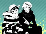  2boys blue_background color_background doctor duo earmuffs facial_hair gloves goatee hat jacket kuru_(kzyr) male male_focus monkey_d_luffy monochrome multiple_boys one_piece pixiv_manga_sample punk_hazard sitting straw_hat striped striped_background striped_clothes tattoo trafalgar_law 