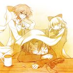  2boys bandages billy_hawken closed_eyes covering_with_blanket doll friagne marianne monochrome multiple_boys shakugan_no_shana short_hair smile tachitsu_teto 