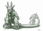  airu chinese_dragon claws crouching dragon hoodie horn male monochrome plain_background pointy_ears scalie solo whiskers white_background 