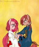  anthro anthrofied blood blue_eyes clothed clothing duo equine female friendship_is_magic hair horse japanese japanese_clothing jaquelindreamz katana kimono male mammal my_little_pony orange_background pink_hair pinkamena_(mlp) pinkie_pie_(mlp) plain_background pony samurai square_crossover straight_hair sword weapon wounded 