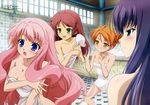  4girls absurdres baka_to_test_to_shoukanjuu blue_eyes blush breasts cleavage green_eyes grin hair_down highres himeji_mizuki kirishima_shouko long_hair megami multiple_girls naked_towel nude official_art open_mouth orange_hair pink_hair purple_hair red_hair shimada_minami shimizu_miharu short_hair smile towel very_long_hair yellow_eyes 