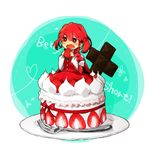  alternate_hairstyle bow braid cake chocolate cross food fork fruit hair_bow hair_over_shoulder long_hair okazaki_yumemi plate red_eyes red_hair saliva single_braid solo strawberry suiyou_taruta touhou touhou_(pc-98) two_side_up vest 