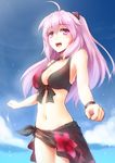  :d agarest_senki_(series) agarest_senki_zero ahoge bikini black_sarong breasts cleavage cloud day front-tie_top highres long_hair medium_breasts mimel_(agarest_senki_zero) navel open_mouth pink_eyes pink_hair print_sarong ricegnat sarong shiny shiny_skin smile solo swimsuit water 