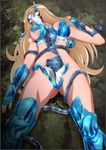  1girl aquila_yuna armor blonde_hair breasts broken_armor chameleon_june cosplay defeated highres legs long_hair lying mask nail_polish navel no_panties saint_seiya saint_seiya_omega solo whip yadokari_genpachirou 