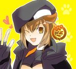  animal_ears antenna_hair bare_shoulders beret blazblue breasts co_taro fingerless_gloves gloves hat jacket makoto_nanaya one_eye_closed open_mouth solo squirrel_ears tail underboob waving yellow_background 