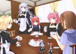  agito_(nanoha) alternate_costume apron blonde_hair blue_eyes bow braid breasts brown_hair cake cleavage cup earrings enmaided food jewelry long_hair lyrical_nanoha mahou_shoujo_lyrical_nanoha mahou_shoujo_lyrical_nanoha_a's maid maid_headdress medium_breasts minigirl multiple_girls pink_hair ponytail purple_eyes red_eyes red_hair reinforce reinforce_zwei shamal short_hair signum silver_hair smile sooichi_(diabolicemission) spoon teacup time_paradox twin_braids twintails two_side_up vita yagami_hayate 