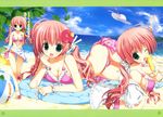  absurdres ball beach beachball bikini blush breasts cleavage flower front-tie_top fujima_takuya green_eyes hair_flower hair_ornament hair_ribbon hat highres huge_filesize long_hair lying open_mouth pink_hair popsicle ren&#039;ai_yohou ren'ai_yohou ribbon sarong side-tie_bikini sun_hat swimsuit tongue twintails wink 