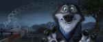  anthro blue_eyes canine disney howl looking_at_viewer mammal night onomatopoeia sound_effects swish text tree wolf zootopia 