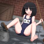  arm_support black_eyes black_hair blush bob_cut broom bucket cameltoe fallen_down girls_und_panzer gotou_moyoko holding kouson'en leaning_back loafers looking_at_viewer one-piece_swimsuit open_mouth school_swimsuit shoes short_hair single_shoe sitting solo swimsuit tears water wet wet_clothes 