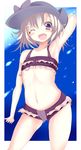  armpits arms_up belly blonde_hair fang hat highres midriff navel one_eye_closed open_mouth original purple_eyes short_hair sukage 