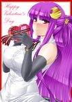  alternate_costume alternate_hairstyle black_gloves blush box breasts condom crescent crescent_hair_ornament elbow_gloves english gloves hair_ornament happy_valentine heart-shaped_box large_breasts long_hair looking_at_viewer namidame patchouli_knowledge purple_eyes purple_hair sleeveless smile solo touhou valentine 