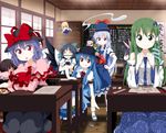  ascot black_hair black_wings blonde_hair blue_dress blue_eyes blue_hair bow brown_eyes brown_hair cape capelet chair chalkboard classroom closed_eyes crossed_arms desk detached_sleeves doodle dress eraser flying food frog_hair_ornament fruit fujiwara_no_mokou ghost green_eyes green_hair hair_bow hair_ornament hat highres hinanawi_tenshi hisou_tensoku houraisan_kaguya indoors izayoi_sakuya kamishirasawa_keine kochiya_sanae konpaku_youmu licking_lips long_hair long_sleeves mazinger_z moriya_suwako multiple_girls nagae_iku open_mouth paper peach pencil_mustache pocket_watch puffy_sleeves reaching red_eyes reiuji_utsuho ruu_(tksymkw) school_desk shanghai_doll shirt short_hair short_sleeves silver_hair sitting skirt sleeping smile snake_hair_ornament teacher third_eye tongue tongue_out touhou translation_request very_long_hair watch wide_sleeves window wings yasaka_kanako 