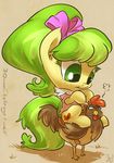  atryl avian bird bit bit_gag bow chicken clothing cute cutie_mark duo equine female feral freckles friendship_is_magic fur gag green_eyes green_hair hair horse mammal ms_peachbottom_(mlp) my_little_pony orange_fur peachbottom_(mlp) pony riding saddle 