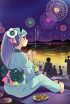  bad_id bad_pixiv_id barefoot blue_hair blush fireworks flower food hair_flower hair_ornament hairband highres japanese_clothes kimono long_hair looking_back magellan_(zpolice) night original ponytail red_eyes sandals shoes_removed sitting smile takoyaki zpolice 