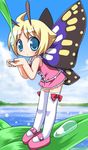  ahoge antennae blonde_hair blue_eyes blush bow butterfly_wings chibi cupping_hands day dew_drop dress fairy frills leaf leaning_forward light_particles looking_at_viewer mary_janes ocean osaragi_mitama shimon shimotsuma shoes short_hair sky solo thighhighs water_drop white_legwear wings 
