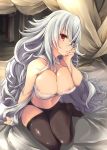  1girl absurdres azur_lane bangs bed black_legwear black_panties bra breasts cleavage commentary_request eyebrows_visible_through_hair graf_zeppelin_(azur_lane) hair_between_eyes highres kaede_momiji large_breasts long_hair nipple_slip nipples panties pantyhose pantyhose_pull red_eyes silver_hair solo squatting underwear wing_collar 