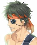  collarbone eyepatch green_hair grin headband hiroya_juuren irvine male_focus simple_background smile solo upper_body white_background zoids zoids_chaotic_century 